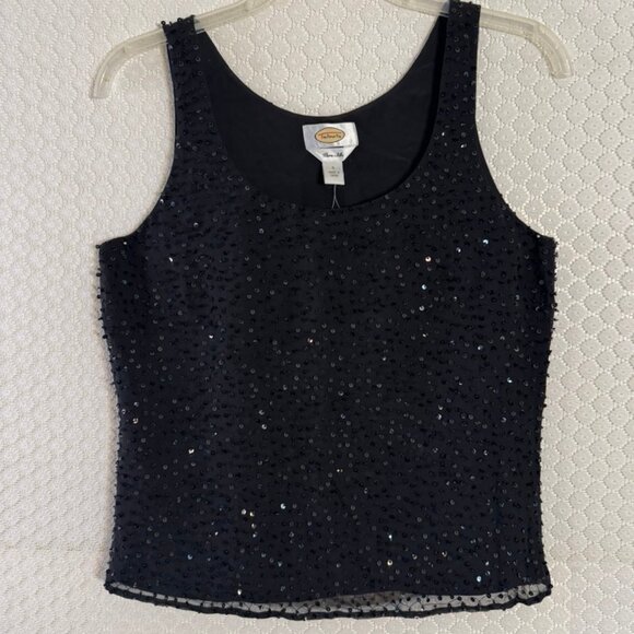 NWT Talbots Black Round Neck Pure Silk Sequins Bead Lined Tank Size 4 - Picture 2 of 8